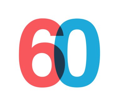 Üst üste binen kırmızı ve mavi 60 basamaklı saydam efekt, modernlik, neşe ve enerjiyi çağrıştırıyor. Markalaşma, olay grafikleri, tanıtım materyalleri için yıl dönümü tasarımı. Vektör illüstrasyonu