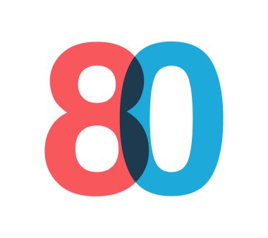 Üst üste binen kırmızı ve mavi 80 basamaklı saydam efekt, modernlik, neşe ve enerjiyi çağrıştırıyor. Markalaşma, olay grafikleri, tanıtım materyalleri için yıl dönümü tasarımı. Vektör illüstrasyonu