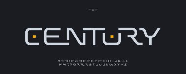 Fütürist ekran yazı tipi, alternatif harfli modern geometrik harfler, teknoloji, UI, yapay zeka, dijital arayüz, bilim kurgu projesi, esport, yenilikçi ürün logosu için yeni yüzyıl alfabesi. Vektör tipi.