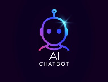 Arkadaş canlısı robot avatarı olan yapay zeka sohbet robotu logosu, parlak gradyan çizgiler, sanal asistan görünümü. Müşteri destek uygulamaları, otomasyon hizmetleri, teknik markalaşma için mükemmel. Vektör illüstrasyonu