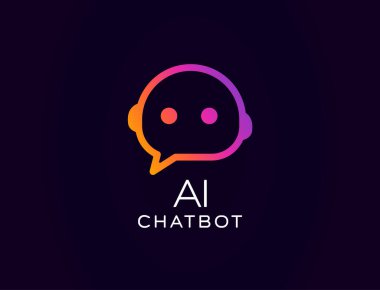 Yapay zeka sohbet robotu logosu. İçinde konuşma baloncuğu olan sevimli robot yüzü var. Gradyan tarzı parlıyor. Müşteri destek robotları, zeki sanal asistanlar, teknoloji markaları için harika. Vektör illüstrasyonu
