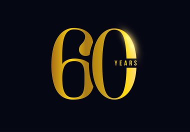 Kurumsal markalaşma, iş etkinliği, davetiye ve dönüm noktası tanıtımı için Karanlık Arkaplanda 60 Yıllık Logo Tasarımı. Lüks markalar için altmış numara altın tipografi. Vektör illüstrasyonu.