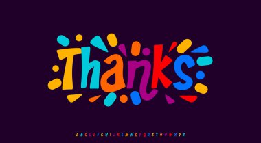 Abone olduğunuz için teşekkürler renkli konfeti sıçratmalı karikatür metni. Tebrik kartı, manşet, çocuk partisi ya da kutlama için neşeli bir tipografi. Vektör illüstrasyonu