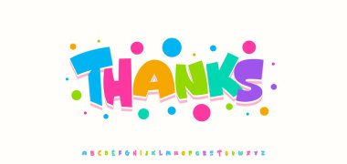 Teşekkürler aboneler, eğlenceli renkli çizgi film metinleri. Doğum günü kartı için neşeli tipografi, çocuk tasarımı, manşet. Vektör illüstrasyonu.