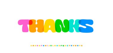 Renkli mektupları üst üste gelen parlak metinler, tebrik kartları, aboneler, manşetler, logolar ve afişler için teşekkür ederim. Kalın bir tipografik tasarım. Vektör illüstrasyonu