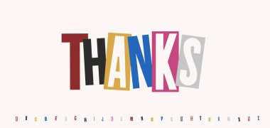 Kolaj fidye stili tipografi için teşekkürler. Sanat, kartlar, posterler, başlık ve başlık için kesilmiş harfler. Kalın eklem tipografisi. Vektör illüstrasyonu.