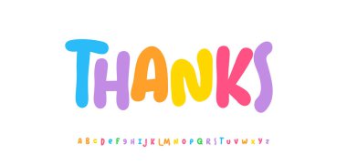 Teşekkürler kelime, eğlenceli çocuklar için teşekkür mesajı, kartlar, posterler, baskılar. Neşeli renkli kabarcık stili tipografik tasarım. Vektör illüstrasyonu