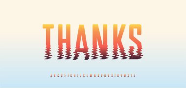 Günbatımı gradyanı, su dalgalanması yansıması efektli tipografiye teşekkürler. Sıcak renkler yazı tipi, seyahat afişi, tatil blogu, günbatımı kartı, tropikal markalaşma için. Vektör illüstrasyonu