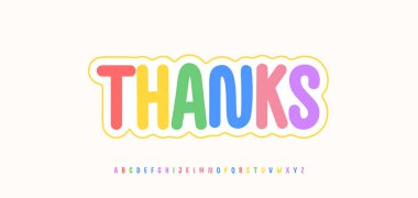 Dalgalı kenarlı parlak teşekkür mektupları. Çocuk projeleri, şükran kartları, parti davetiyeleri, neşeli baskılar için neşeli gökkuşağı tonları içinde yuvarlak, cesur tipografi. Vektör illüstrasyonu.