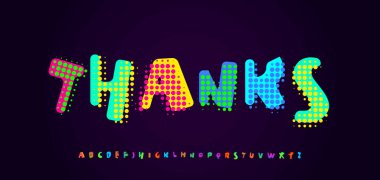 Renkli çizgi roman noktaları. Teşekkürler, yarım tonlu pop sanat tipografisi. Kutlama başlığı, çocuk kartı, karikatür, çizgi roman, basım için noktalı dokusu olan oyuncu retro-canlı harfler. Vektör illüstrasyonu