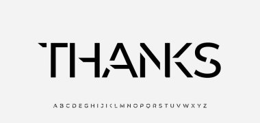 Feminist geometrik yazı tipi bilim kurgu stilinde teşekkürler. Keskin tekno formları olan soyut harfler. Siber punk posterleri, teknolojik markalaşma, dijital sanat, logo için mükemmel. Vektör illüstrasyonu.