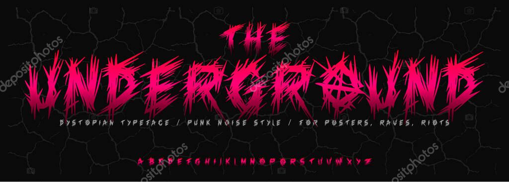 Devilish horror alphabet, scratched creepy font, wild punk typeface for spooky branding, Halloween headline style, zombie riot typography, rebellious typographic design. Vector typeset