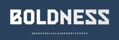 Spor blok alfabesi, kalın keskin harfler, güçlü geometrik yazı tipi teknolojik markalaşma, etkili manşet tarzı, kentsel endüstriyel tipografi, fütüristik ekran tasarımı. Vektör tipi