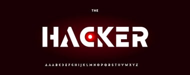 Siber hacker alfabesi, kalın tekno yazı tipi, geometrik güvenlik logosu kenarlı dijital dolandırıcılık bilim kurgu tipi, darknet başlığı, hack, phishing ve dolandırıcı tipografisi. Vektör tipi. 