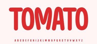 Yaz domates harfleri, çizgi film renkli alfabe, parlak çocuk için yuvarlak eğlenceli yazı tipi taze ürün başlığı, dostane logo. Çocuksu tipografik tasarım. Ambalaj tipografisi. Vektör tipi.