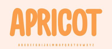 Yaz kayısı harfleri, çizgi film renkli alfabe, parlak çocuk için yuvarlak eğlenceli yazı tipi taze ürün başlığı, dostane logo. Çocuksu tipografik tasarım. Ambalaj tipografisi. Vektör tipi.