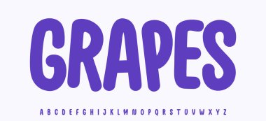 Yaz üzümleri harfi, çizgi film renkli alfabe, parlak çocuk için yuvarlak eğlenceli yazı tipi taze ürün başlığı, dostane logo. Çocuksu tipografik tasarım. Ambalaj tipografisi. Vektör tipi.