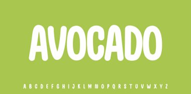 Yaz botanik meyvesi, Avocado harfleri, çizgi film neşeli alfabesi, parlak taze ürün başlığı için yuvarlak yazı tipi, dostane logo. Çocuksu tipografik tasarım. Ambalaj tipografisi. Vektör tipi.