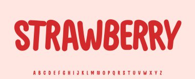 Yaz toplam aksesuar meyvesi, çilek harfleri, çizgi film yuvarlak alfabesi, taze ürün başlığı için şakacı yazı tipi, logo. Çocuksu tipografik tasarım. Ambalaj tipografisi. Vektör tipi.