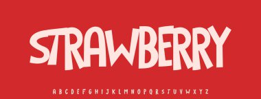 Yaz çileği meyvesi, neşeli harfler, komik çizgi film tipografisi. Arkadaşça logo manşetleri için çocuksu bir yazı tipi yemek tarifi kitabı, şeker, dondurma. Vektör tipi