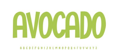 Yaz Avokado meyvesi, neşeli harfler, komik çizgi film tipografisi. Yemek tarifi kitabının, tatlıların, dondurmaların, salataların arkadaşça logo manşetlerinin çocuksu yazı tipi. Yemek tipografik tasarımı. Vektör tipi