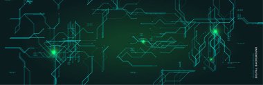 Parlak çizgileri ve devre elemanları olan gelecekçi dijital arkaplan. Teknoloji, veri ve siber güvenlik temaları için ideal. Yeşil ışık soyut tasarımı ile yüksek teknoloji tarzı. Vektör illüstrasyonu.