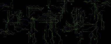 Yeşil ve mor çizgileri olan Neon Circuit Network. Siber güvenlik, hackleme ve yapay zeka temaları için gelecekteki dijital arka plan. Soyut yollarla parlayan ızgara. Temiz teknoloji BG. Vektör illüstrasyonu