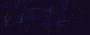 Fütürist Veri Sistemi Sinir Hatları. Yenilik, yapay zeka ve analitik görseller için mavi ve turuncu noktalı devrelerle karanlık modda soyut teknoloji arka planı. Modern siber desen. Vektör illüstrasyonu.