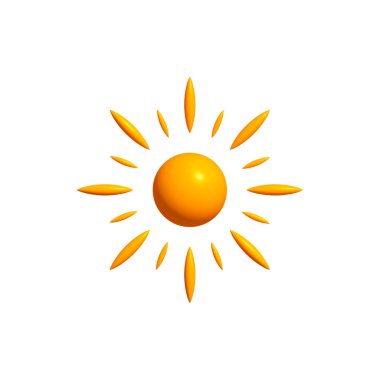 Parlak Sunny 3D Güneş Simgesi Neşeli Işınlar, Beyaz Arkaplan 'da izole edilmiş. Çocuk Projeleri ve Çocuksu Tasarım Konseptleri için Mükemmel Mutlu Logo. Vektör İllüstrasyonu