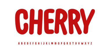 Yaz kiraz ilacı, neşeli harfler, çizgi film yuvarlak tipografi. Arkadaşça logo manşeti için çocuksu yazı tipi yemek tarifi kitabı, şeker, dondurma başlığı. Yemek tipografik tasarımı. Vektör tipi