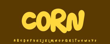 Yaz mısır taneleri, neşeli harfler, çizgi film yuvarlak tipografi. Arkadaşça logo manşeti için çocuksu yazı tipi yemek tarifi kitabı, şeker, dondurma başlığı. Yemek tipografik tasarımı. Vektör tipi