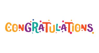 Renkli balon tipografisini tebrik ederim. Parti davetiyeleri, kutlama kartları, afişler, eğlenceli baskılar, kutlama tasarımları için her mektubun etrafına konfeti noktaları konmuş. Vektör illüstrasyonu.