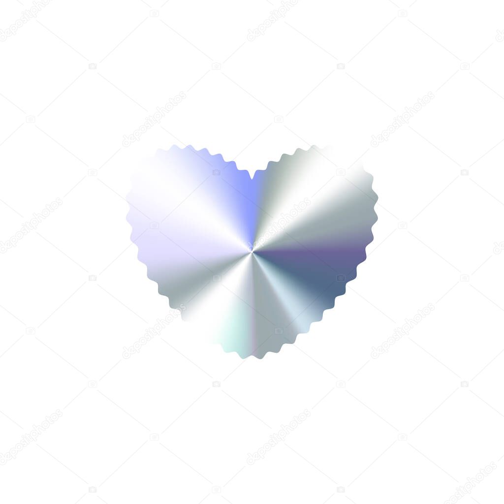 Glossy Chrome Gradient Heart Shape for Sale Tag, Premium Label, Discount Badge or Original Product Sticker. Modern Iridescent Holographic Scalloped Love Logo for Packaging Design. Vector Illustration.