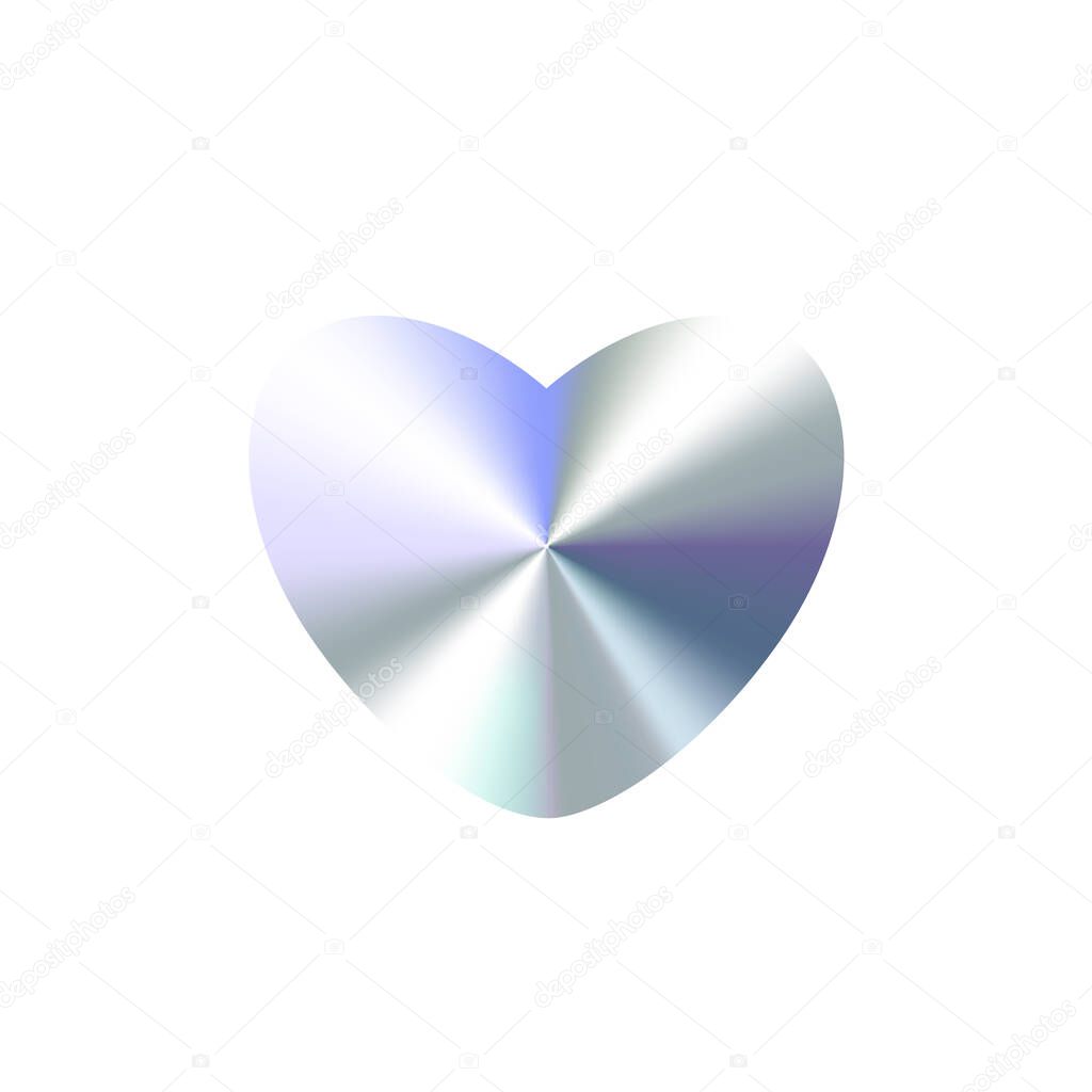 Glossy Chrome Gradient Heart Shape for Sale Tag, Premium Label, Discount Badge or Original Product Sticker. Modern Iridescent Holographic Emblem for Branding and Packaging Design. Vector Illustration.