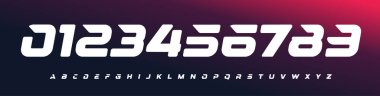 Futuristik Yarış Numarası Yazı Tipi, Güçlü Kalın Alfabe e e e-spor, futbol, spor araba markalaşması, yarış etkinlikleri, esports forma numaraları ya da hızlı tempolu dijital arayüzler için. Vektör İllüstrasyonu