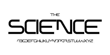 Bilim teknolojisi yazı tipi, bilimsel başlık için fütüristik alfabe, tıbbi dijital ürün logosu, ekran aygıtı tipografisi, uygulama UI tipografik tasarımı. Modern vektör tipi. 