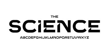 Bilim teknolojisi yazı tipi, bilimsel başlık için fütüristik alfabe, tıbbi dijital ürün logosu, ekran aygıtı tipografisi, uygulama UI tipografik tasarımı. Modern vektör tipi. 