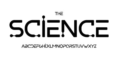 Bilim teknolojisi yazı tipi, bilimsel başlık için fütüristik alfabe, tıbbi dijital ürün logosu, ekran aygıtı tipografisi, uygulama UI tipografik tasarımı. Modern vektör tipi. 