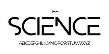 Bilim teknolojisi yazı tipi, bilimsel başlık için fütüristik alfabe, tıbbi dijital ürün logosu, ekran aygıtı tipografisi, uygulama UI tipografik tasarımı. Modern vektör tipi. 