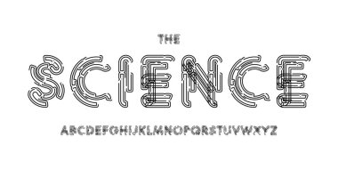 Bilim teknolojisi yazı tipi, bilimsel başlık için fütüristik alfabe, tıbbi dijital ürün logosu, ekran aygıtı tipografisi, uygulama UI tipografik tasarımı. Modern vektör tipi. 