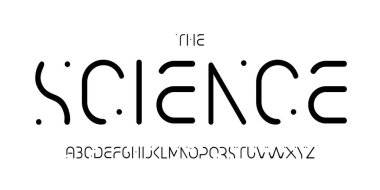 Bilim teknolojisi yazı tipi, bilimsel başlık için fütüristik alfabe, tıbbi dijital ürün logosu, ekran aygıtı tipografisi, uygulama UI tipografik tasarımı. Modern vektör tipi. 