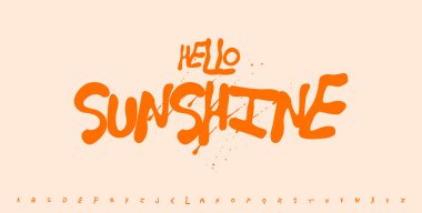 Merhaba, parlak turuncu fırça yazı tipli Grafiti tarzı harfler. Kartlar, posterler, sosyal medya, sabah tasarımları için enerjik pozitif ifade. Vektör illüstrasyonu