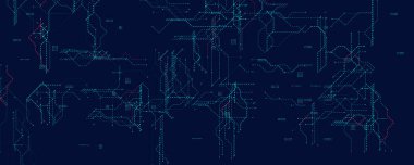 Neon Noktalı Çizgilerle Dijital Devre Ağı. Siber sistemler, yenilik ve UI tasarımı için mavi ve kırmızı bağlantıları olan gelecekteki karanlık teknoloji düzeni. Temiz soyut yapı. Vektör illüstrasyonu