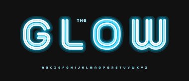 Mavi neon alfabesi, parlak yuvarlak harfler, Pazartesi günü siber teknoloji afişi için kalın elektrik yazı tipi, kumarhane UI, parti tabelası, online tanıtım, dijital başlık, parlak tipografik tasarım. Vektör tipi.