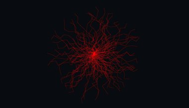 Siyah Arkaplanda Merkezden Yayılan Soyut Kırmızı Sinir Ağı Hatları. Fütürist Teknoloji ve Beyin İlhamlı Bilim, Tıp, Yapay Zeka Teknolojisi, Makine Öğrenme Tasarımı. Vektör İllüstrasyonu.