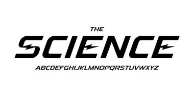 Bilim teknolojisi yazı tipi, bilimsel başlık için fütüristik alfabe, tıbbi dijital ürün logosu, ekran aygıtı tipografisi, uygulama UI tipografik tasarımı. Modern vektör tipi.