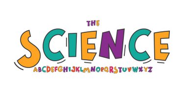Fen eğitimi fontu, bilimsel kök başlığı için fütürist çizgi film funky alfabesi, çocukça eğitim logosu, çocuk tipografisi, eğlenceli tipografik tasarım. Modern vektör tipi.