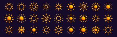 Modern çizgi film tarzında parlayan güneş simgeleri. Hava durumu uygulamaları için parlak yaz koleksiyonu, yapay zeka düğmeleri, grafik tasarımı veya dekoratif elementler. Vektör illüstrasyonu