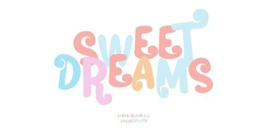 Tatlı Rüyalar Harfleri Sloganı, Şirin Pastel Typographic Tasarımı. Kartlar, posterler, sosyal medya, çocuk odası dekorasyonu, logo tişörtü için mükemmel. Güzel tipografi. Vektör illüstrasyonu.