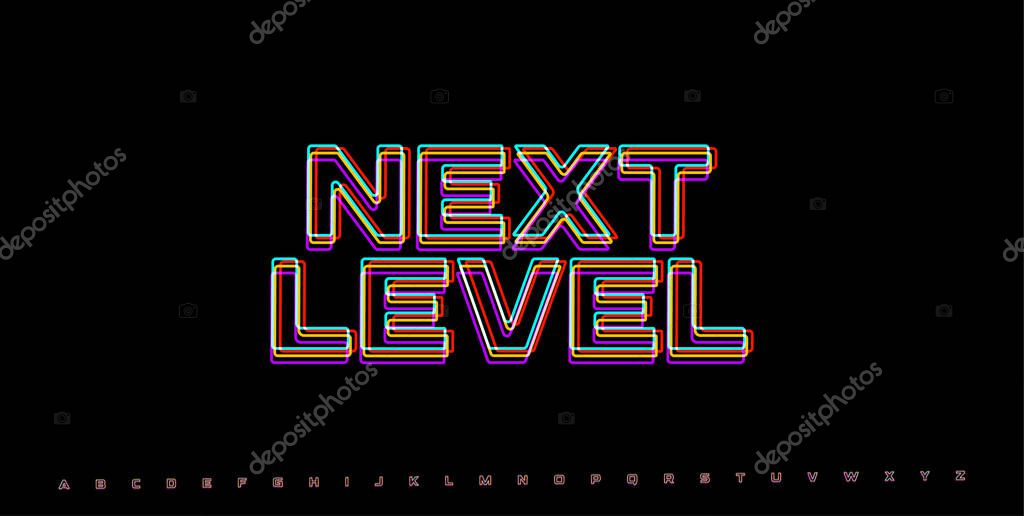 NEXT LEVEL glitch alert phrase. Futuristic RGB headline for gaming UI, level transition screen or tech interface display. Vector illustration